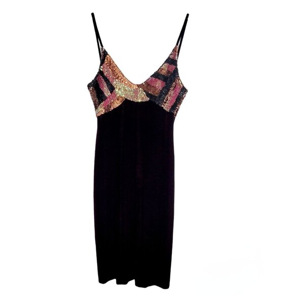 Vakko Womens Purple Velvet Sleeveless Dress Sequins V Neck Spaghetti Strap Small - Picture 1 of 11